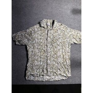Untied Mens Medium Short Sleeve Rayon Button Down‎ Tropical Floral Shirt Olive